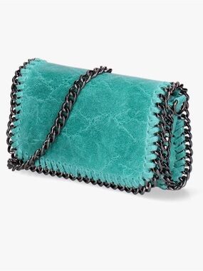 Leather Teal Sueded Crossbody Bag with Gunmetal Chain